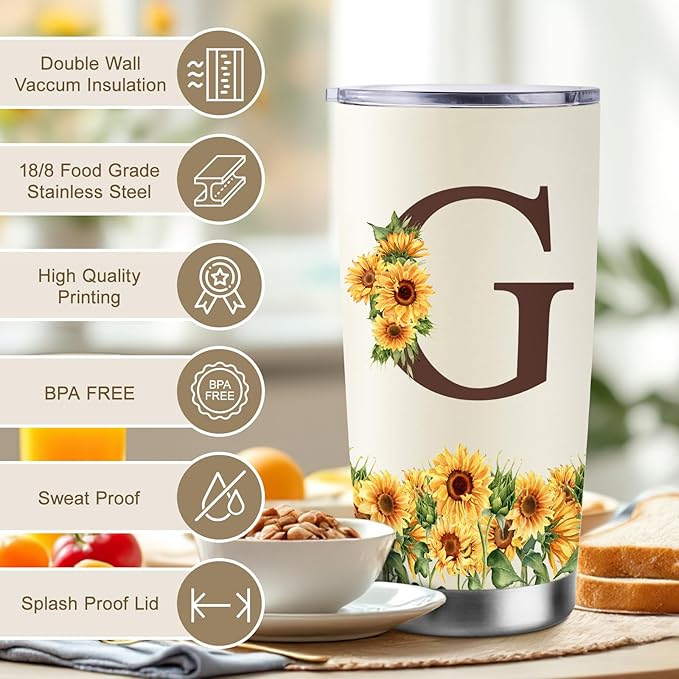 Sunflower Gifts for Women - Personalized Christmas Gifts for Women - Birthday Gift for Woman - Mothers Day Gift for Mom - Monogrammed, Initial 20oz Travel Cup Insulated Tumbler with Lid, G