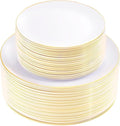 KIRE 100PCS Disposable Plates - White with Gold Rim for Christmas Party/Wedding - Includes 50Pieces 10.25inch Dinner and 50Pieces 7.5inch Dessert/Salad Plates