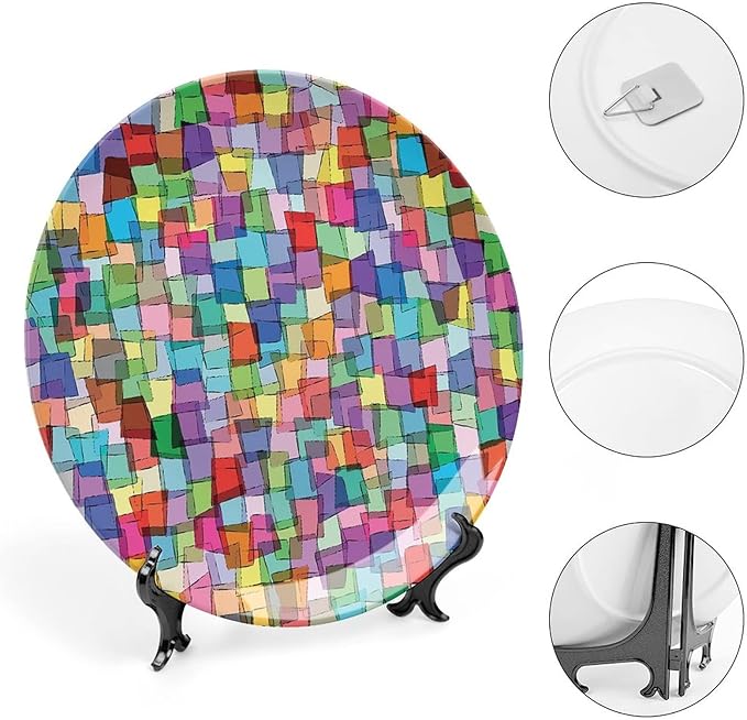 Ceramic Display Plate, Abstract Ceramic Hanging Decorative Plate, Mosaic Tile Pattern Colorful Squares Cubes, 6 Inch, Household Custom Ceramic Plate, Multicolor