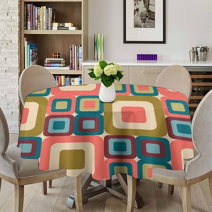 Abstract Geometric Round Tablecloth, Mid Century Modern Middle Century Abstract Patterns Print Tablecloth for Home Party Dining Room Kitchen Decor 60Inch(152cm)