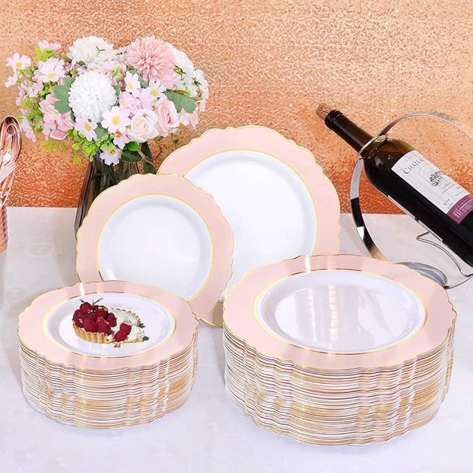 WDF 60pcs Pink Dessert Plates - 7.5inch Baroque Pink &White Disposable Dessert/Appetizer Small Cute Cake Plates for Upscale Parties &Wedding-Special for Baby Shower, Brithday, Valentine's Day