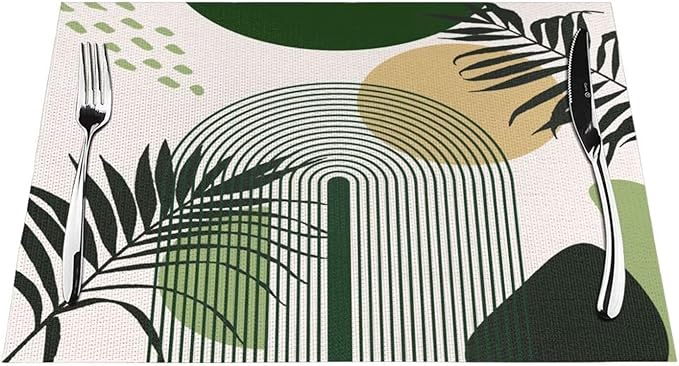 Boho Mid Century Sun Placemats Printed Modern Rainbow Leaves Green Design Washable Place Mats 12x18Inch for Dining Kitchen Farmhouse Decor 4 PCS