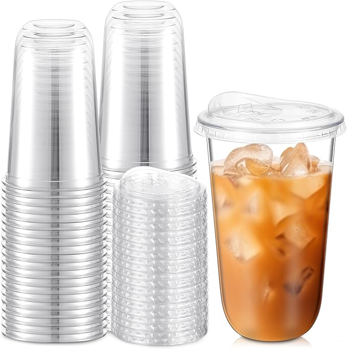 25 Sets 18 oz Clear Plastic Cups with Strawless Sip Lids, Thickened Clear Disposable Plastic PET Crystal Cups for Iced Coffee, Smoothie, Cold Beverage, Drink Shops and Party Catering