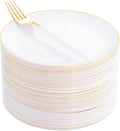 I00000 72PCS White Plastic Dessert Plates 7.5" with 72PCS Disposable Forks 8.5", Disposable White Dessert Plate, Fancy Salad Plates with Gold Rims Perfect for Wedding