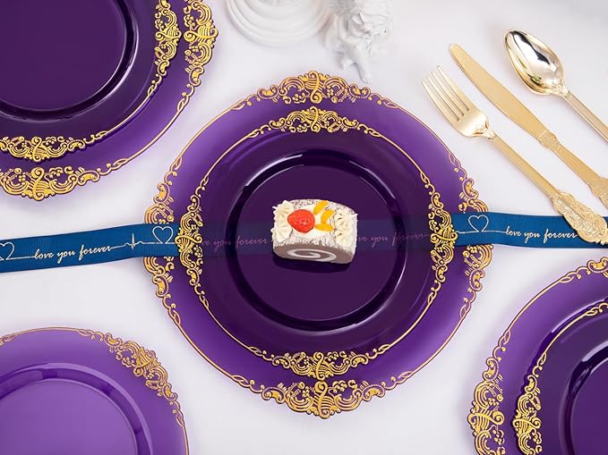 102PCS Purple and Gold Plastic Plates - High End Purple Disposable Plate - Vintage Dinner & Dessert Plates for 51 Guests Birthday Party & Mardi Gras & Wedding