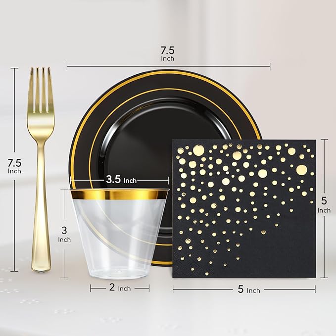 The Essential Concierge Stylish 7.5 Inch Gold and Black Cake Plates with Disposable Cups, Forks and Cocktail Napkins (100 Set of Each) - Small Appetizer Plates, Disposable Cake Plates or Salad Plate