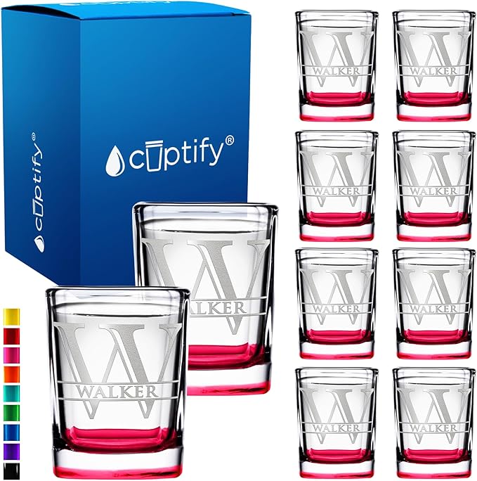Personalized Square Shot Glasses Set of 10 Red Bottom 2oz Engraved Initial and Name Custom Gifts, Weddings, Birthdays, Party, Event, Decorations