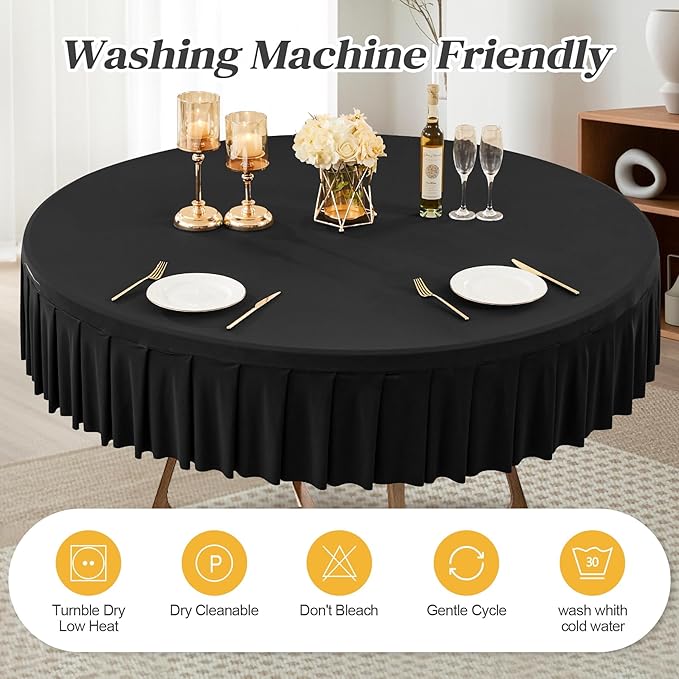 2 Pack Black Spandex Round Tablecloths for 60 Inch Tables, Stretchy Fitted 5FT Cloths, Wrinkle-Free Cover With Skirt for Wedding Party Dining Banquet