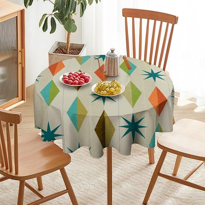 Mid Century Round Tablecloth, Modern Colorful Abstract Geometric Retro Art Printed Tablecloth for Home Party Dining Room Kitchen Decor 60Inch(152cm)