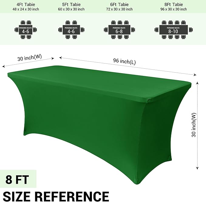Obstal 6 Pack Stretch Spandex Table Covers for 8 Foot Tables - 8 FT Universal Rectangular Fitted Tablecloth Protector for Wedding, Banquet, Party (Green, 96 Length x 30 Width x 30 Height Inches)
