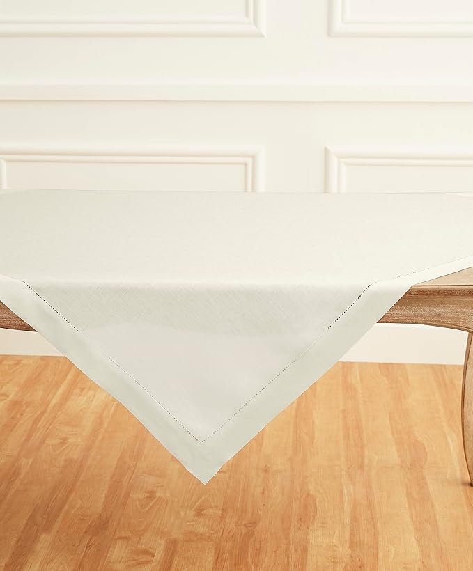 Solino Home Ivory Linen Tablecloth 52 x 52 Inch - 100% Pure Linen Square Table Throw - Classic Hemstitch, Machine Washable Table Cloth for Spring, Easter