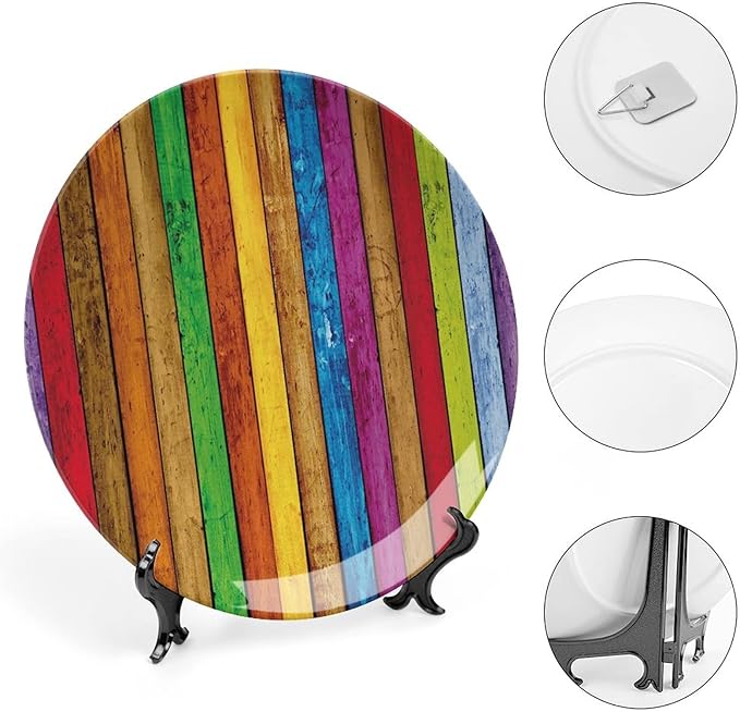 Ceramic Plates, Abstract Decorative Ceramic Plates, Vibrant Wooden Artistic Cheerful Art Rainbow Image, 8 Inch, for Dining, Parties, Wedding, Multicolor