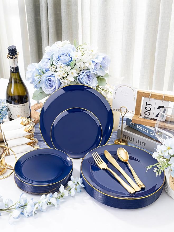 WDF 150pcs Blue plastic Plates - Navy Blue Plates Disposable - 25guest Disposable Dinnerware Sets for Hanukkah/Party/Wedding/Birthday