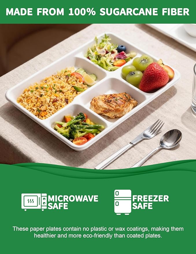 100% Compostable 5 Compartment Plates - 100 Pack Heavy Duty Lunch Trays, 12.5x8.6 Inch Disposable Bagasse Plates for School, Party, Buffet | Eco-Friendly Paper Trays with Dividers