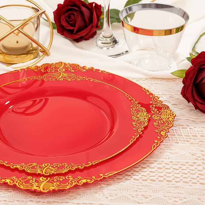 Nervure 100Pcs Red and Gold Plastic Plates - 7.5inch Red Disposable Plates - Heavyweight Plastic Plate - Dessert Plate for Wedding & Party