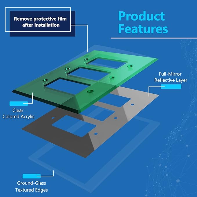 LIDER Reflective Acrylic Decorator Wall Plate, Mirrored Light Switch Plate, Plexiglass Outlet Cover, Acrylic Glass, Oversized 3-Gang 5.25" x 7.06", LWP-33O-AGR, Green
