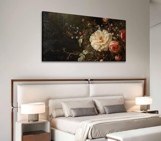 ADJUVANT Wall Art Vintage Peony And Rose Bouquet 60"L x 30"W, White Peony With Pink Roses Canvas Painting Elegant Floral Artwork Prints Botanic Wall Decor for Living Room Bedroom Dining Room Home Office
