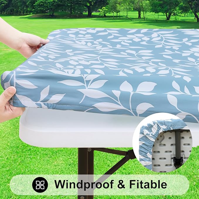 Smiry Rectangle Table Cloth Cover, Waterproof Elastic Fitted Picnic Tablecloth for 8 Foot Tables, Wipeable Flannel Backed Vinyl Tablecloths for Camping, Dining, Outdoor (Baby Blue, 30" x 96")
