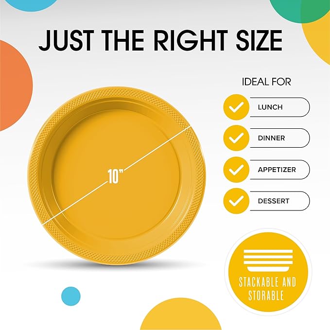 Party Solids Yellow Plastic Plates For Party 10" Yellow Disposable Plates Heavy Duty 100 Pcs Plastic Dinnerware Sets Heavy Duty 350 GSM Disposable Dinnerware Set