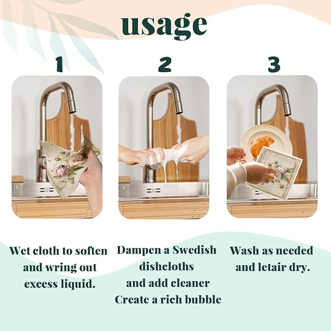 Swedish Dishcloths for Kitchen, Vintage Floral Swedish DishCloths, Papaya Reusable Paper Towels Washable, 4 Pcs Dish Towels for Kitchen Party Home Housewarming Cleaning Cloths