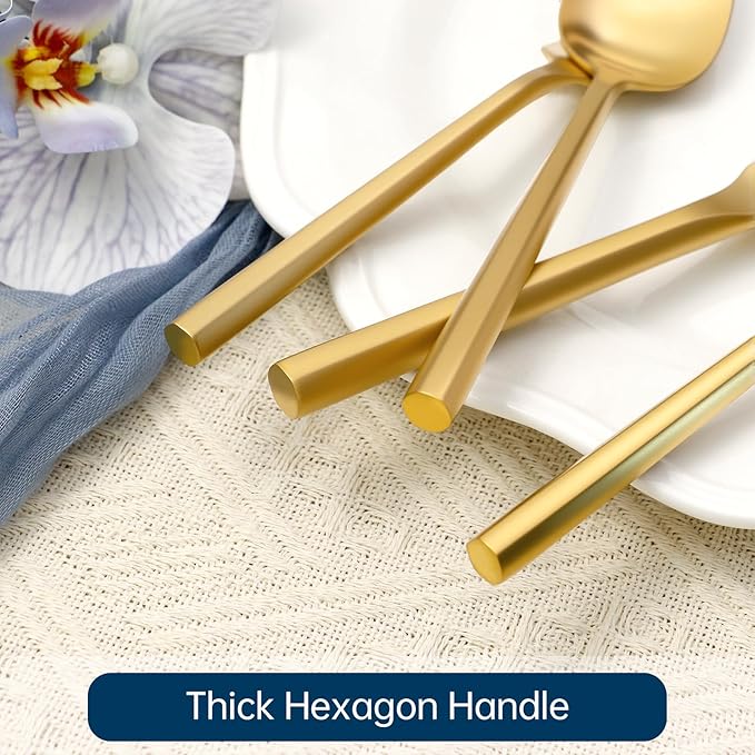 Silverware Set 60-Piece Stainless Steel Matte Gold Cutlery, Hand Forged Thick Hexagon Handle Flatware Sets, Service for 12
