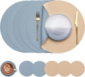Myir JUN Round Placemats Set of 6 Faux Leather Place Mats and Coasters 15 inch Round Table Mats Dual Sided Non-Slip Stain Resistant Placemats (Camel Yellow & Blue, Set of 6)