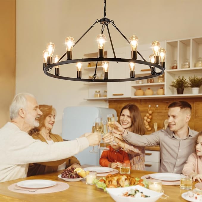 12-Light Wagon Wheel Chandelier, Farmhouse Dining Room Light Fixture, Black Round Rustic Chandeliers, Vintage Ceiling Hanging Pendant Light Fixture for Living Dining Room Bedroom Kitchen Foyer