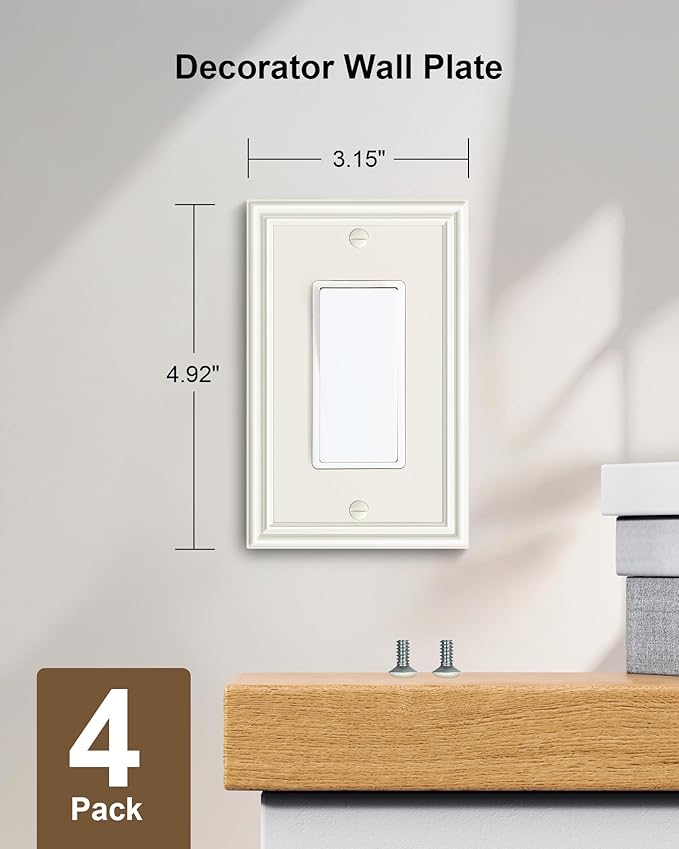 4-Pack Decorator Outlet Cover Plate, Light Almond Decorative Switch Plates and Outlet Covers, Durable Zinc Alloy Wall Plates for Electrical Outlets, Receptacle, GFCI Outlet, Dimmer Switch