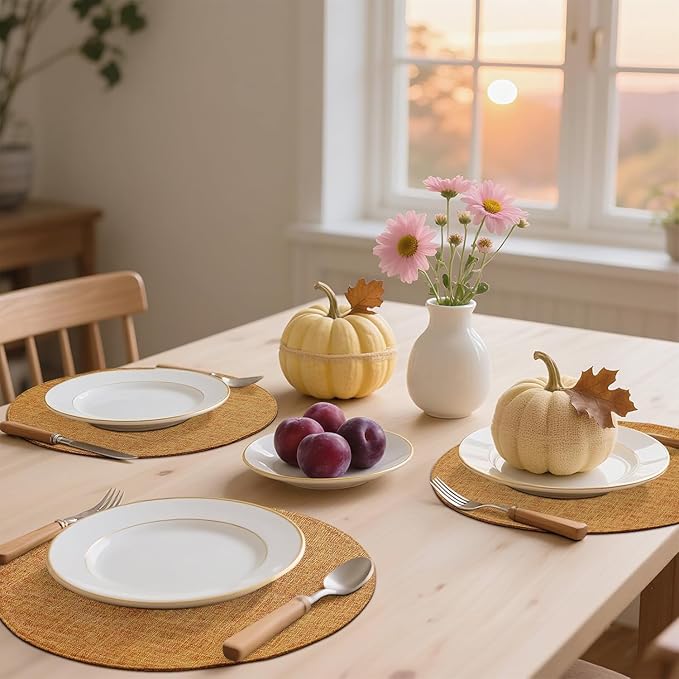 homing 15 Inch Round Cloth Placemats Set of 4, Cotton Linen Blend Washable Table Mats, Farmhouse Dining Place Mats for Indoors & Outdoors, Easy to Clean, Amber