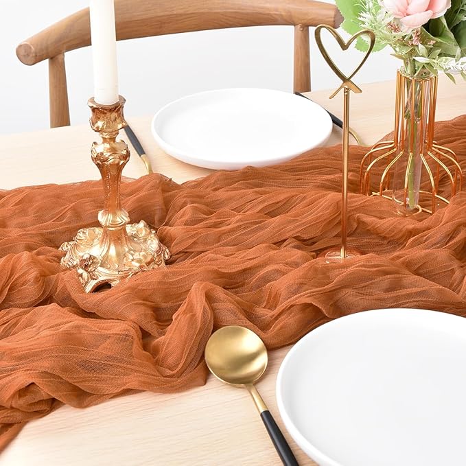 Joanlody Terracotta Cheesecloth Table Runner Spring Easter 10Ft Rustic Gauze Boho Cheese Cloth Table Runner for Wedding Bridal Baby Shower Decoration