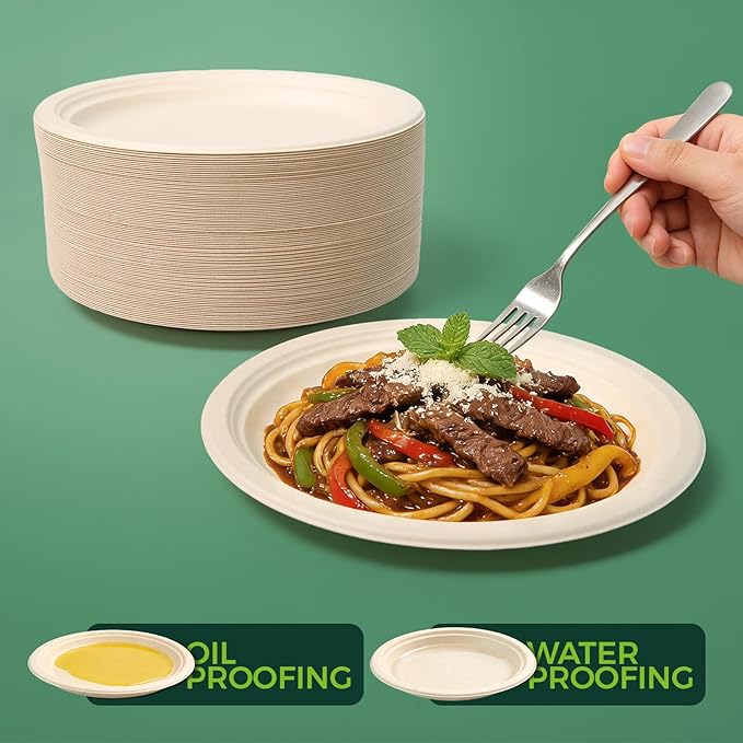 100% Compostable Plates - 125-Count Heavy Duty, Biodegradable Bagasse Plates - Eco Friendly and Sustainable (Natural, 10 inch)