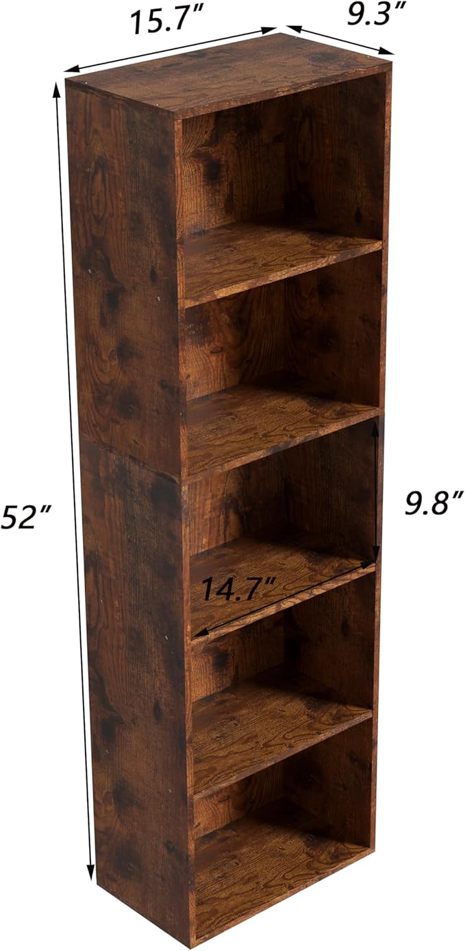 Wooden 5 Cube Storage Organizer, Vintage Brown 5 Tier Bookcase Bookshelf Freestanding Storage Display Organizer,Versatile Cubes Shelf and Cubby Unit for Living Room, Home Office, Dinning Room 15.7inch
