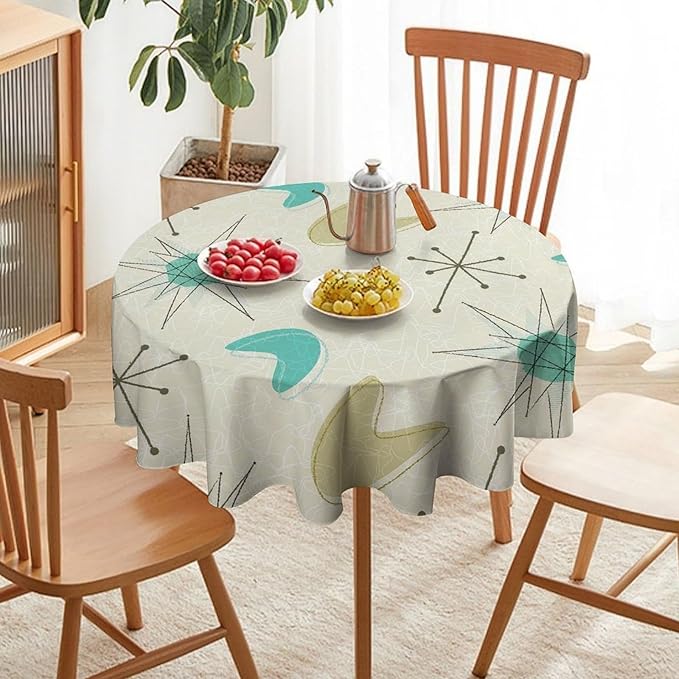 Mid Century Round Tablecloth, Modern Atomic Abstract Geometric Pattern Tablecloth for Home Party Dining Room Kitchen Decorm 60Inch(152cm)
