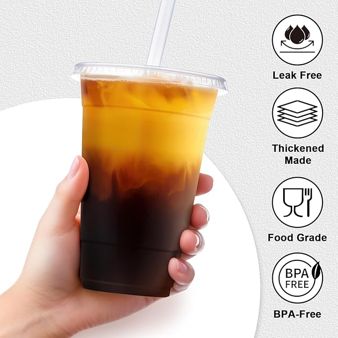 100 Pack 20 oz Plastic Cups with Lids and Straws Sturdy Food Safe Iced Clear Coffee Cups Disposable Smoothie Cups for Cold Drinks