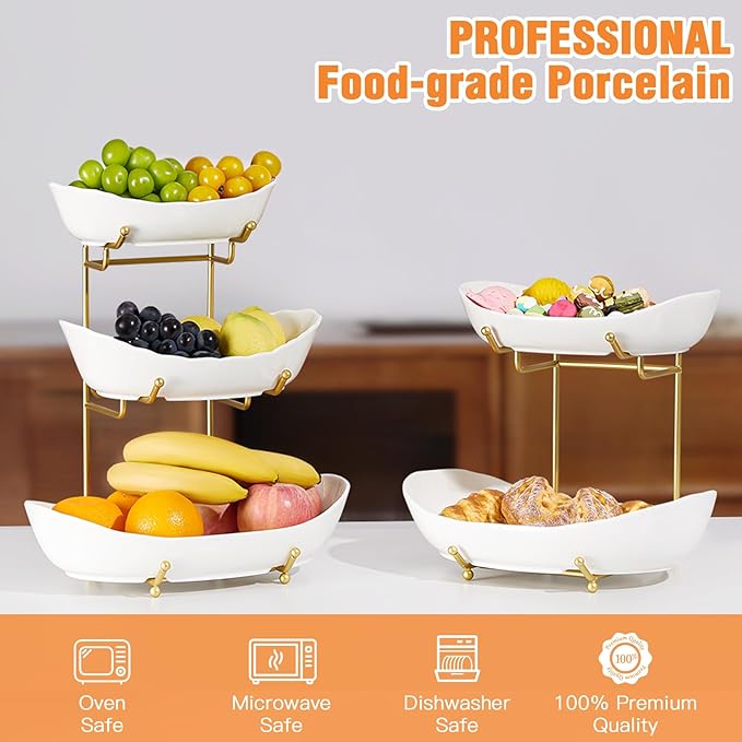 2 Tier Ceramic Fruit Bowl for Kitchen Counter, Tiered Fruit Basket for Countertop, Modern Multi Layer Fruit Display Stand for Party, Cute (Gold&White, Large)