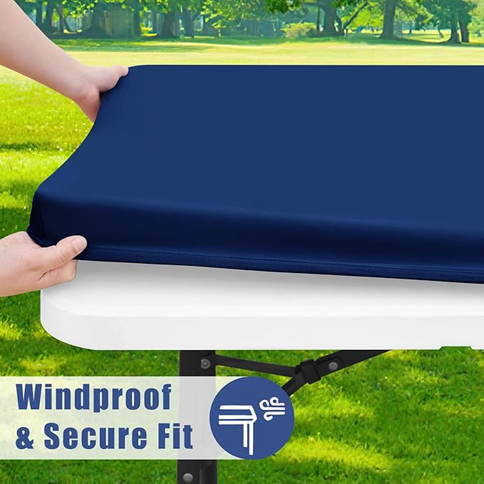 Spandex 8 Foot Rectangle Table Cloth 2 Pack, Elastic Fitted Tablecloths for Picnic, Stretch Washable Patio Table Cover for Outdoor, Camping, Banquet and Parties (Navy, 36"x96")