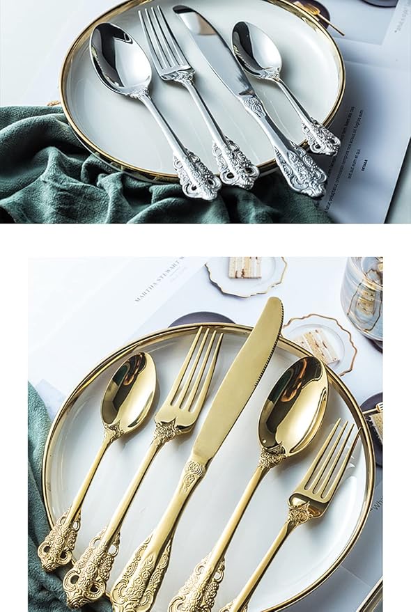 Silverware Set for 10 Premium 18/10 Stainless Steel Flatware Set Palace Style 50 Piece Cutlery Tableware Utensils Embossed Decorative Handle Knives Forks and Spoons for Home Christmas Wedding