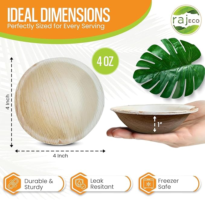 Raj Disposable Palm Leaf Bowls (25 Count, 4" Bowls) Strong Bowl Like Bamboo Party Bowl - Decorative Compostable Tableware for Lunch, Dinner, Birthday, Camping, Outdoor, Picnic, Parties