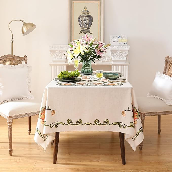 patdrea Designer Linen Rectangle Tablecloth,Vintage French Floral Tablecloths,Wrinkle Free Table Cloth,Decorative Table Cover Cloth for Kitchen,Dining,Tea Party,Home,Christmas,55"*87"