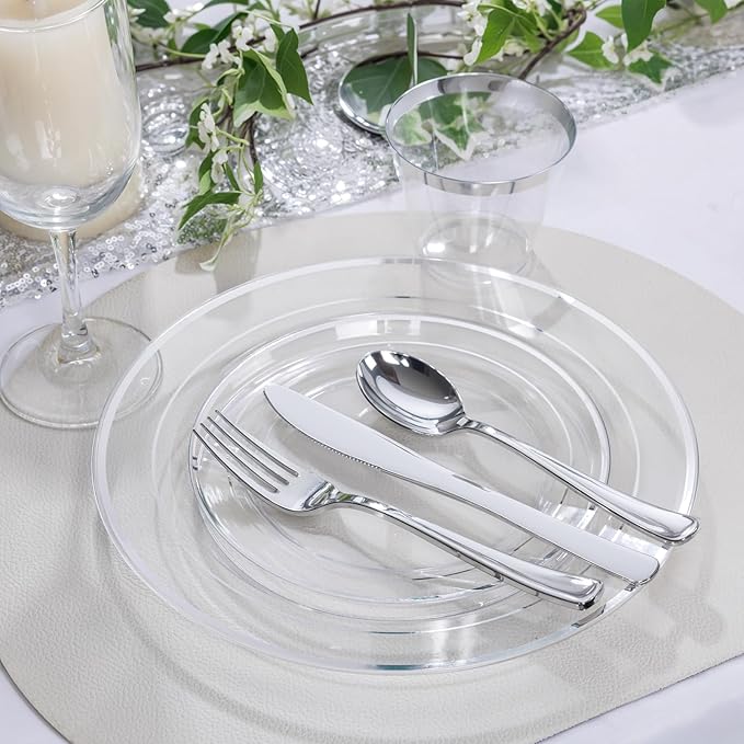 I00000 100PCS Clear Silver Plastic Plates, Clear Plates with Silver Rim, 10 Inch Dinner Plates Premium Party Supply for Wedding Birthdays Party
