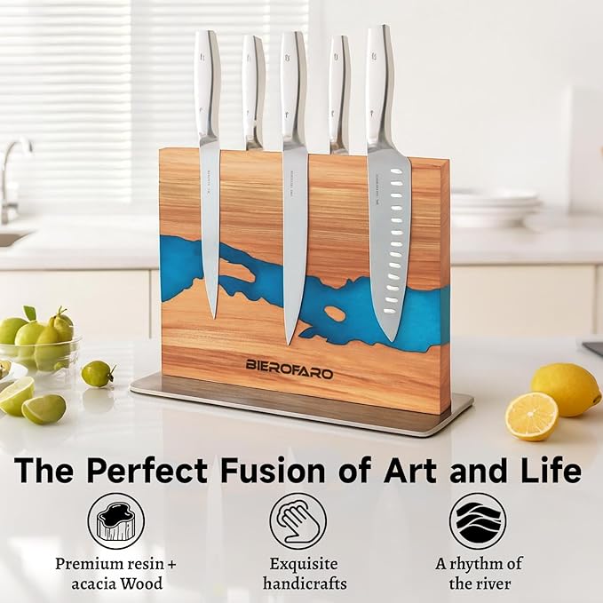 Resin River Magnetic Knife Block with Steel Base, Double-Sided Acacia Wood Knife Holder for Chef Knives, Modern Kitchen Organizer