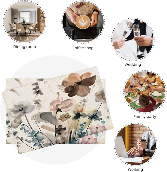 Floral Placemats 12x18 Inches Set of 4, Spring Summer Blue Brown Flower Decorative Rectangle Linen Table Mats for Party Home Kitchen Dining Table Decoration