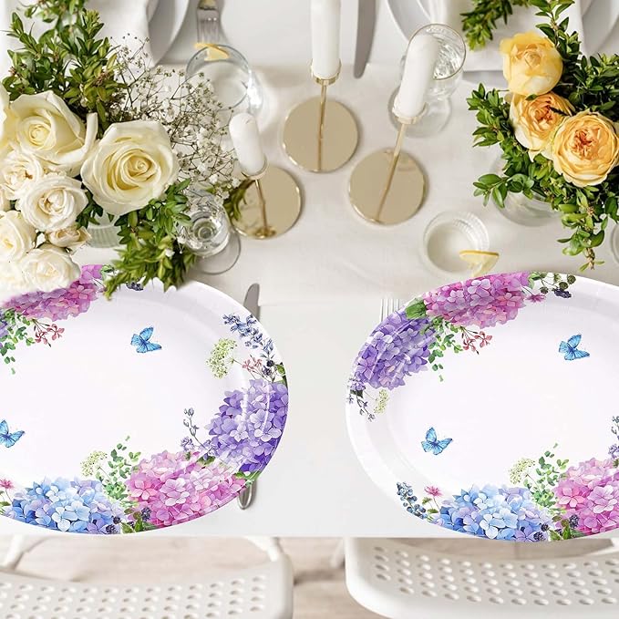 50 Pcs Hydrangea Flowers Oval Paper Plates Large 10"x12" Blue Purple Pink Hydrangea Floral Plates Disposable Heavy Duty Flower Plate for Spring Wedding Bridal Baby Shower Decoration Tea Party Supplies