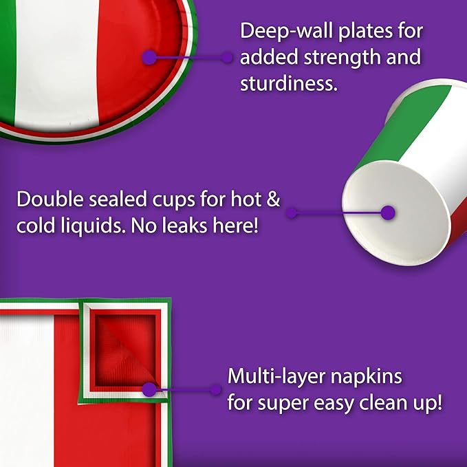 Italy Italian Flag Birthday Party Supplies Set Plates Napkins Cups Tableware Kit for 16
