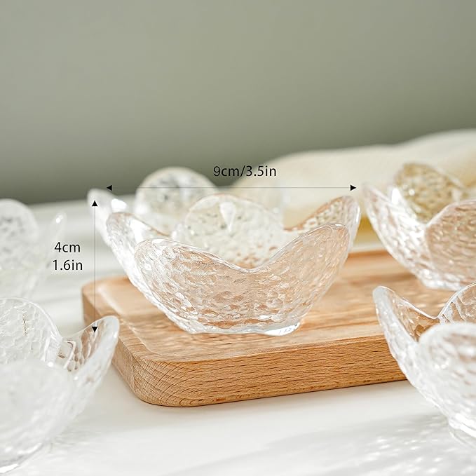 kanpura Mini Glass Bowls, Flower Shaped Prep Bowl, Dishwasher Safe, Pinch Bowls for Dipping Spices Sauce, Stackable, 1.5 oz, Set of 6, (Clear)