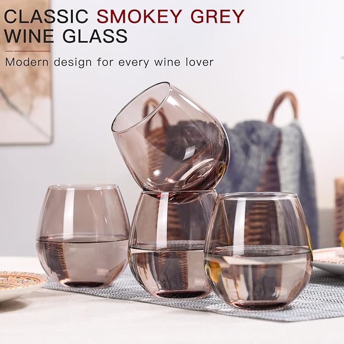 Colored Stemless Wine Glasses Set of 6-15 oz -Modern Hand-Blown Wine Glasses, European Design Crystal Glass For Red & White Wine, Unique Gifts for Wedding, Birthday(Smokey Grey)