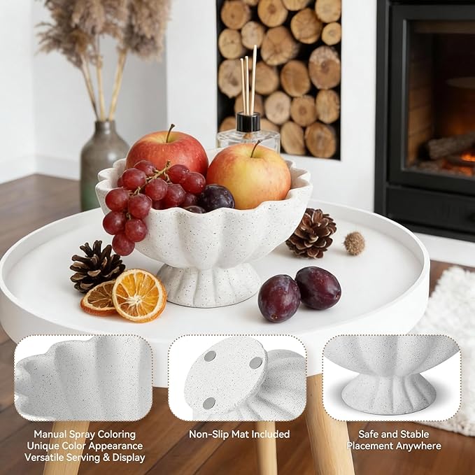 Pedestal Decorative Bowl Home Decor - Morden Handicraft Decorative Fruit Bowl for Kitchen Counter, Chic Ruffle Bowl Centerpiece Decor for Dining Table Coffee Table (Spotted White)
