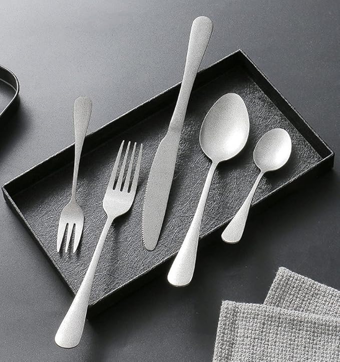 Matte Silverware Set for 6 Stainless Steel Flatware Set Vintage Style Delicate Cutlery Utensils 30 Piece Include Knives Forks and Spoons Tableware Set for Home Kitchen Wedding Restaurant