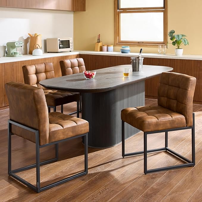 Coffee Faux Leather Dining Chairs Set of 2, Mid-Century Modern Dining Room Chairs with Armless, Checkered Kitchen Chair with Metal Legs