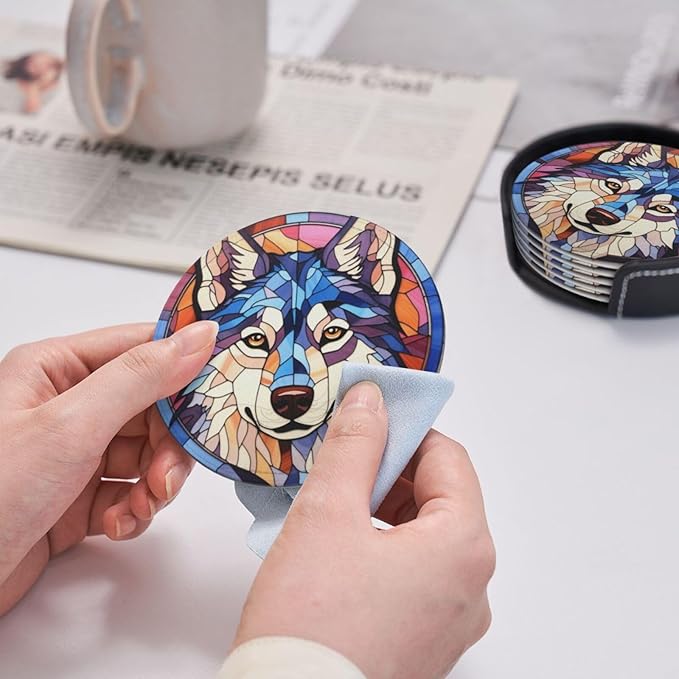 Drink Coaster Set of 6, Siberian Husky Dog Mom Lover Gift,Leather Drink Coasters with Holder,6 Pack Cup/Bar/Drink Coasters for Table/Drinks/Coffee Protection Housewarming Gift